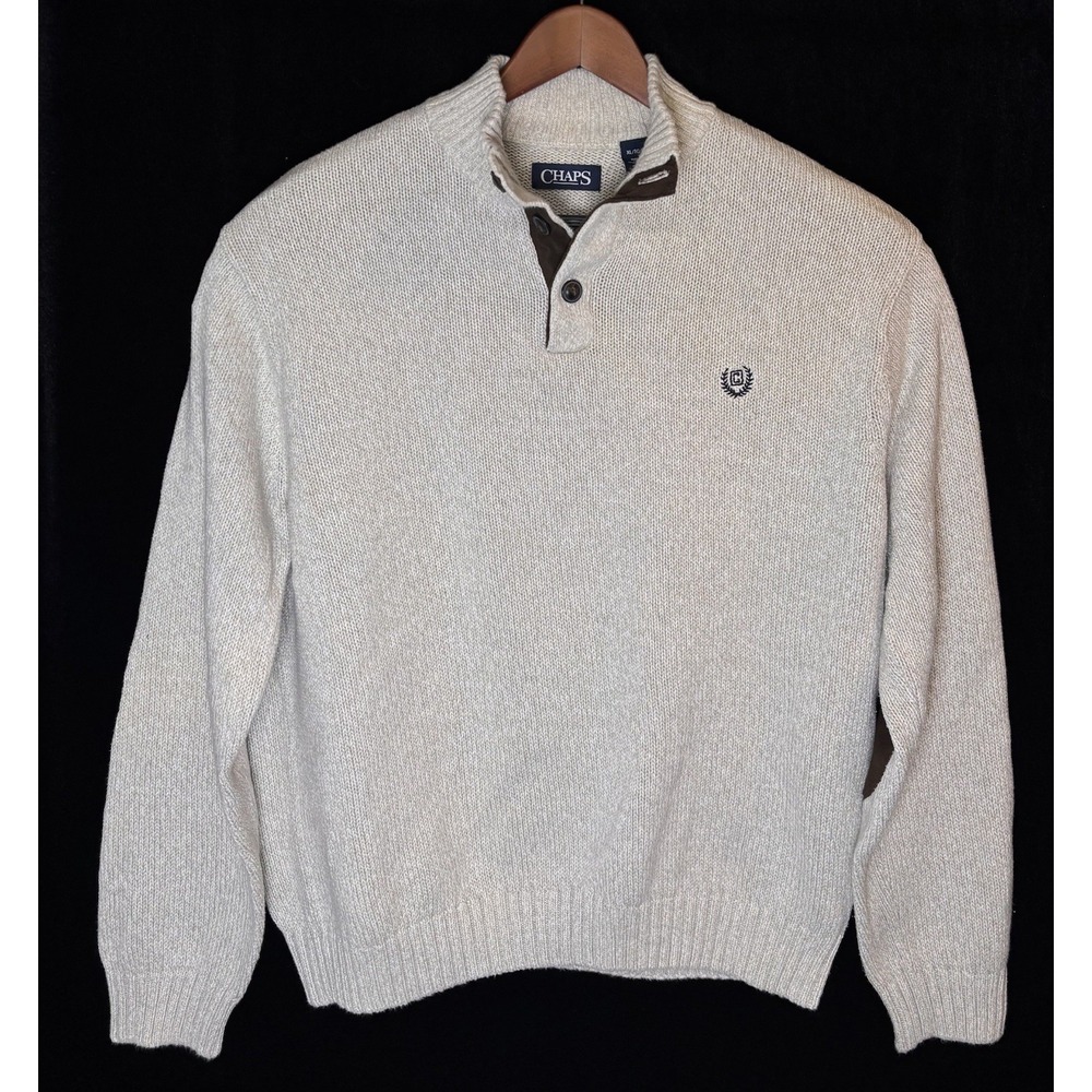 Chaps Sweater Mens XL Beige Cotton 1/4 Button Elbow Patches Old Money Preppy